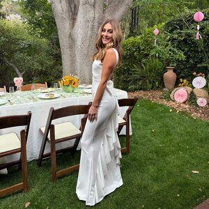 Lulus - Exquisite Refinement Ivory Backless Bow Ruffled Maxi Dress - XS